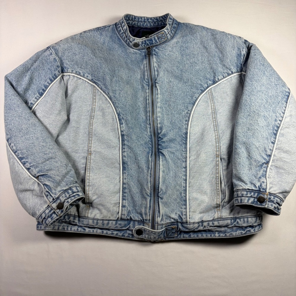 Wild Fable Denim Bomber Jacket Acid Wash Retro Quilted Puffer Indie Boho Women L